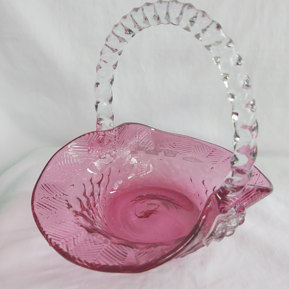 Vintage Cranberry Glass Basket Handblown Clear Applied Handle Easter Weave